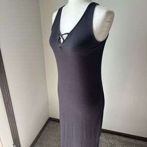 Michael Stars Charcoal Ribbed Sleeveless Midi Dress V-Neck Criss Cross detail